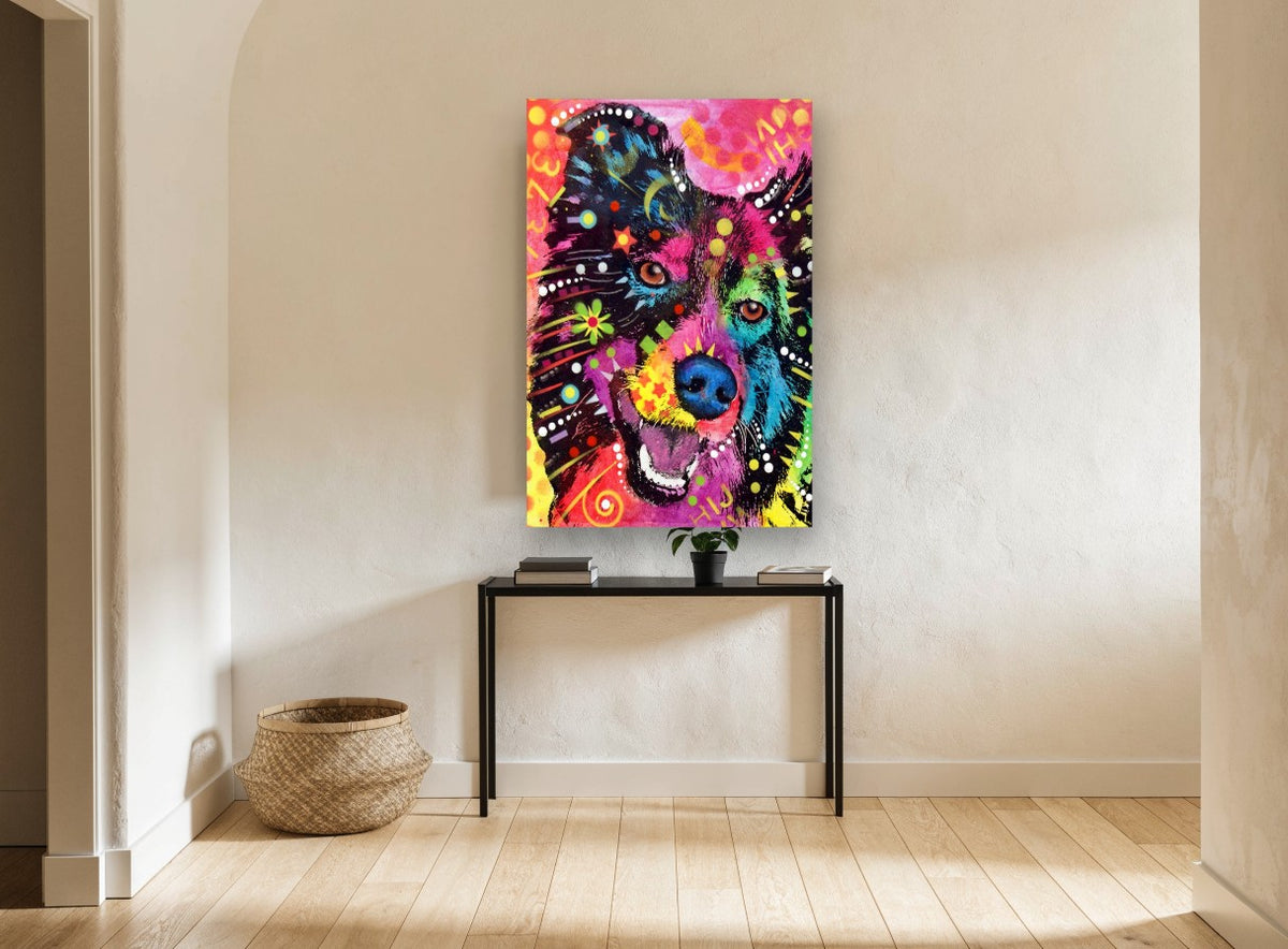 Neon Collie Pop animal canvas print on the wall of a hallway