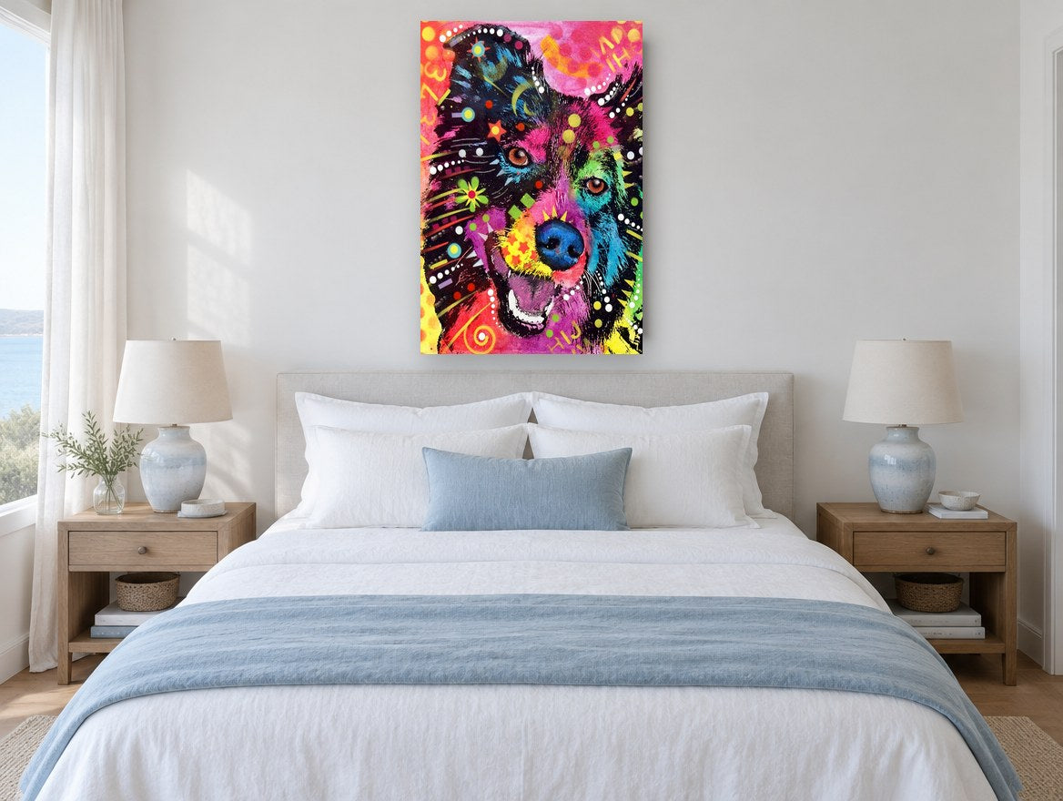 Neon Collie Pop animal canvas print on the wall of a bedroom