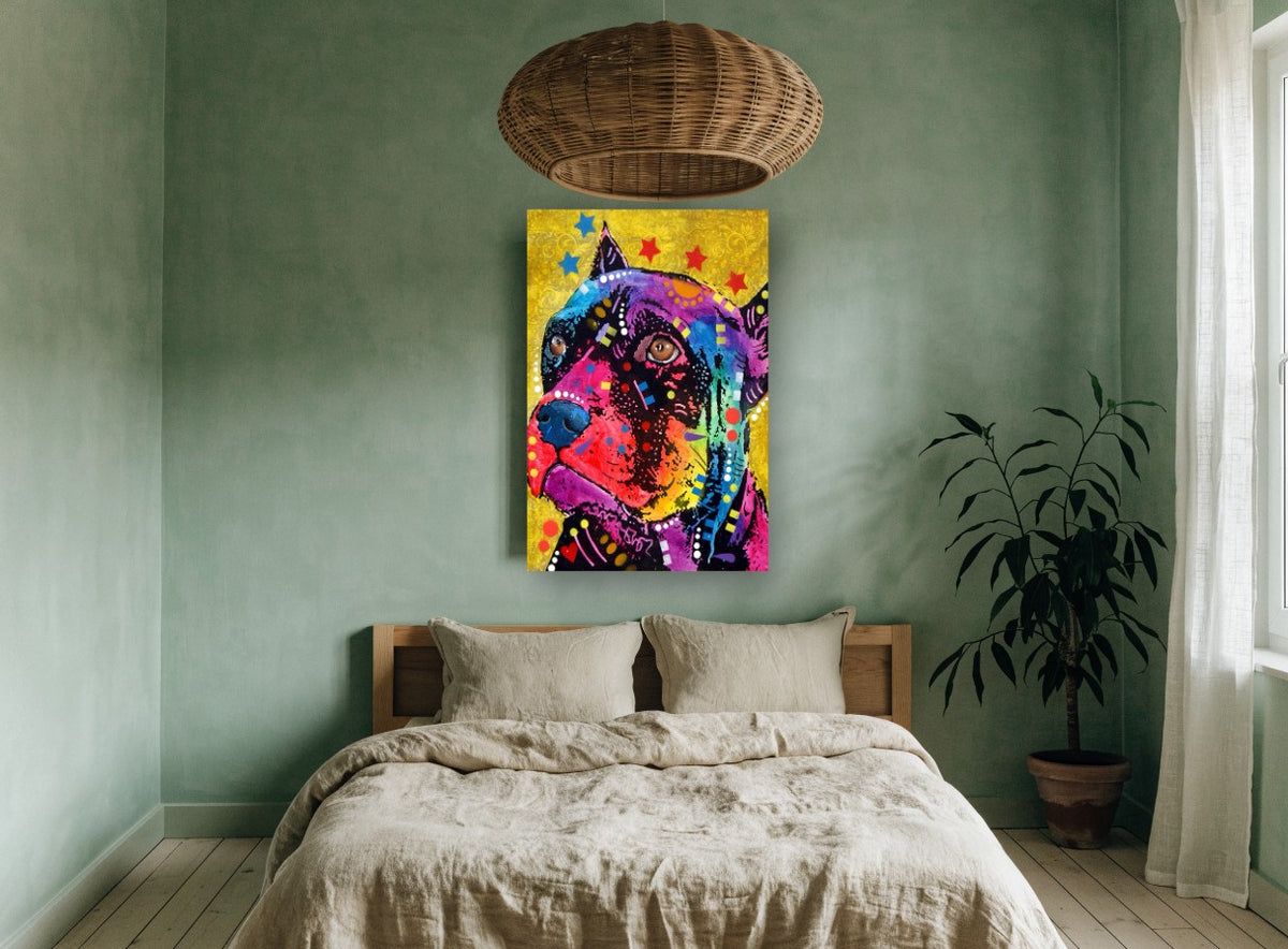 Neon Pit Bull Pop animal canvas print on the wall of a bedroom