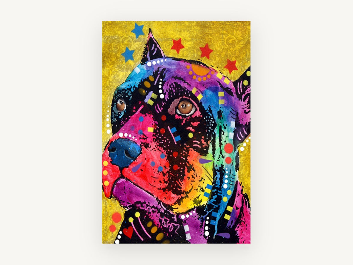 Neon Pit Bull Pop, colourful pit bull pop art portrait, animal canvas wall art print, front view