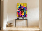 Neon Pit Bull Pop animal canvas print on the wall of a hallway