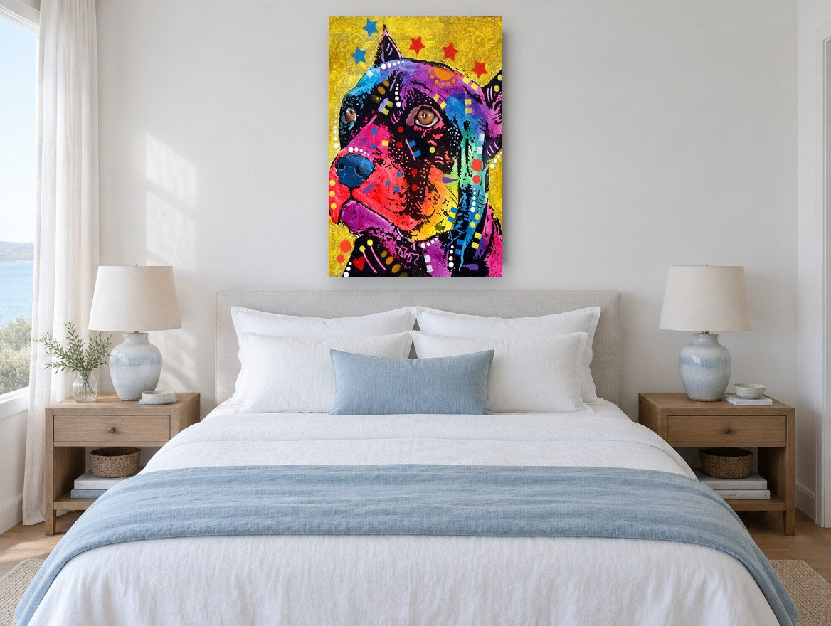 Neon Pit Bull Pop animal canvas print on the wall of a bedroom