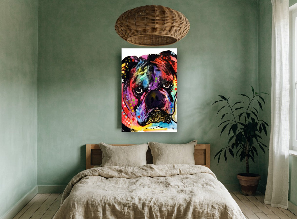 Neon Bulldog Pop animal canvas print on the wall of a bedroom