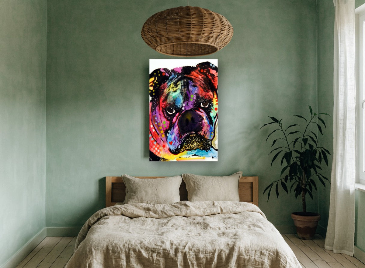 Neon Bulldog Pop animal canvas print on the wall of a bedroom