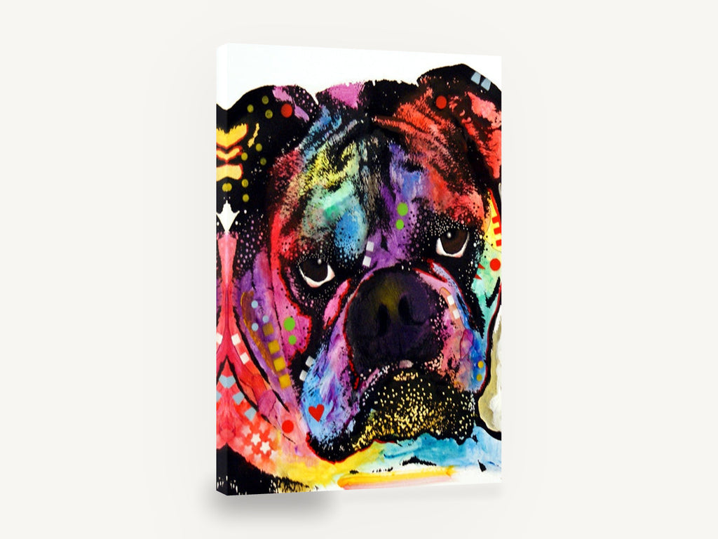 Neon Bulldog Pop, colourful pop art bulldog portrait, animal canvas wall art print ready to hang