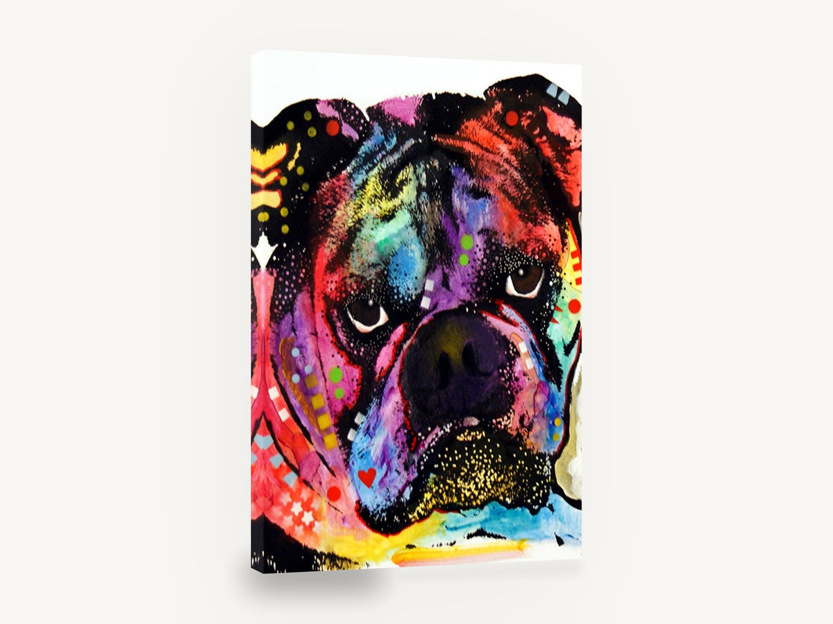 Neon Bulldog Pop, colourful pop art bulldog portrait, animal canvas wall art print ready to hang