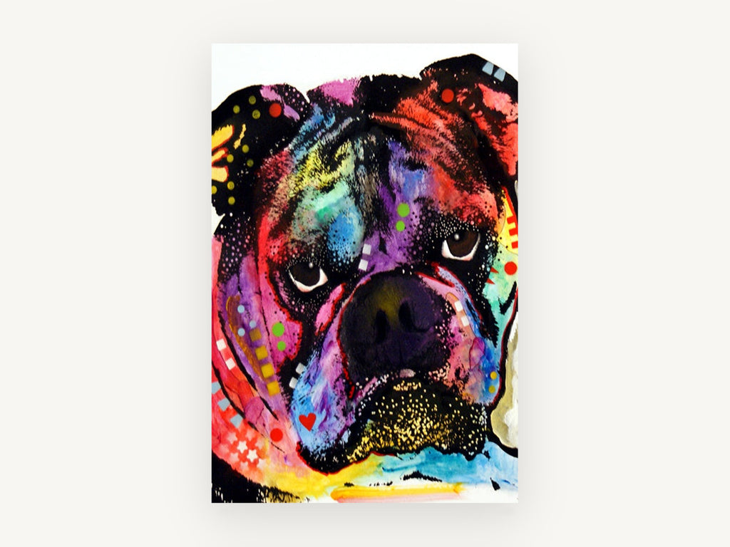 Neon Bulldog Pop, colourful pop art bulldog portrait, animal canvas wall art print, front view