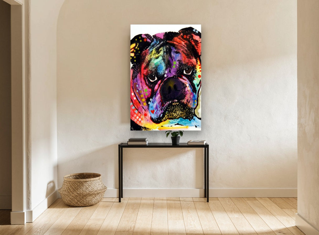 Neon Bulldog Pop animal canvas print on the wall of a hallway