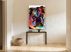 Neon Bulldog Pop animal canvas print on the wall of a hallway