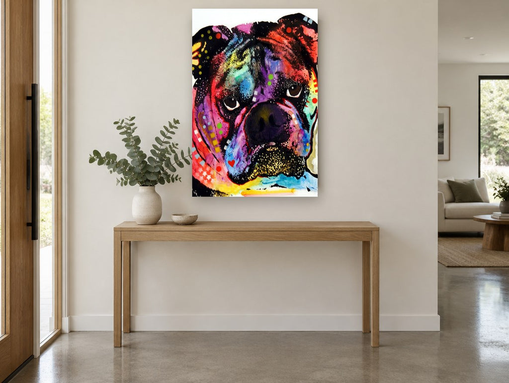 Neon Bulldog Pop animal canvas print on the wall of a entry hall