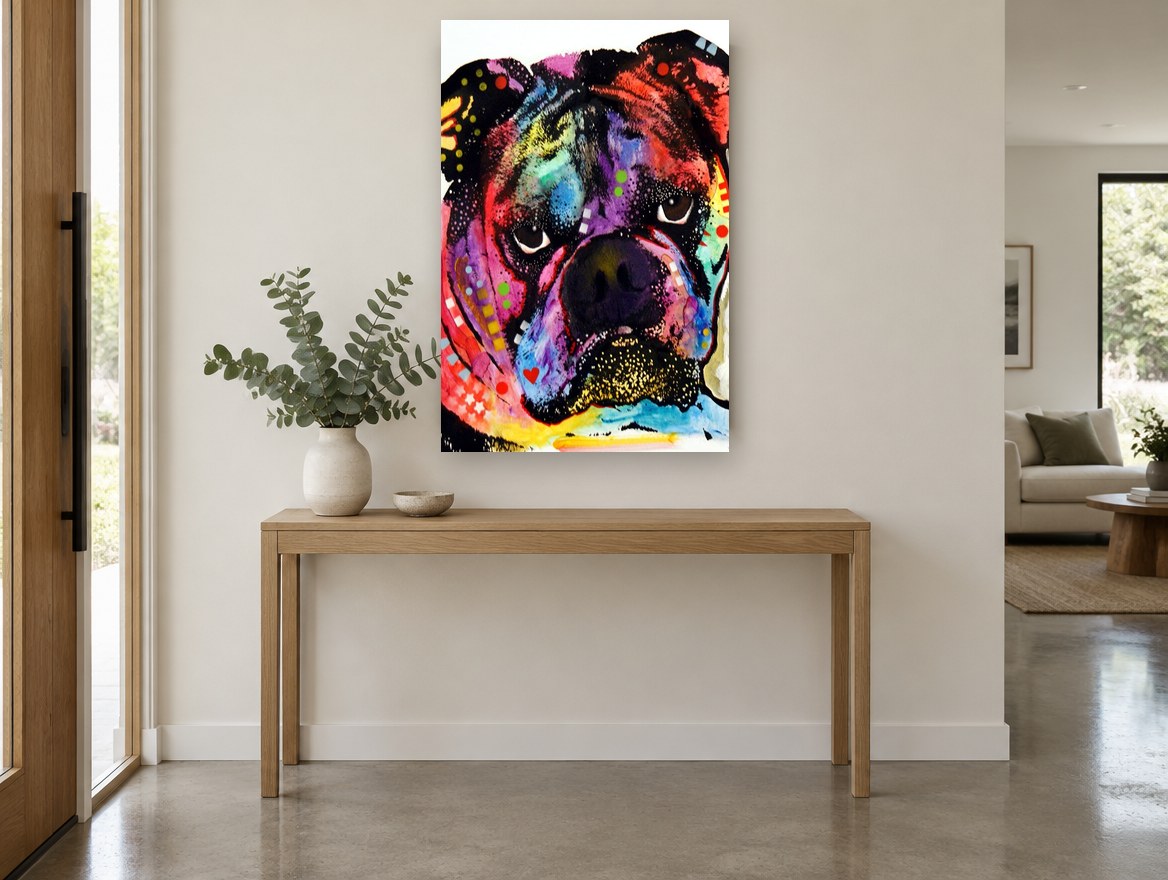 Neon Bulldog Pop animal canvas print on the wall of a entry hall