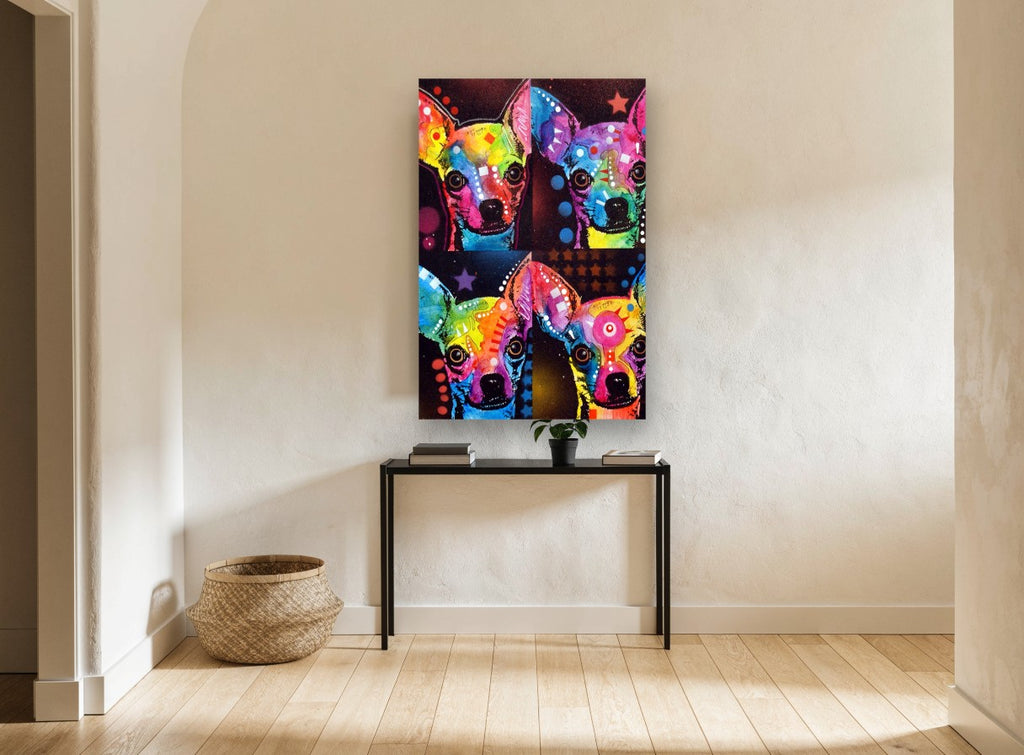 Neon Chihuahua Quartet animal canvas print on the wall of a hallway