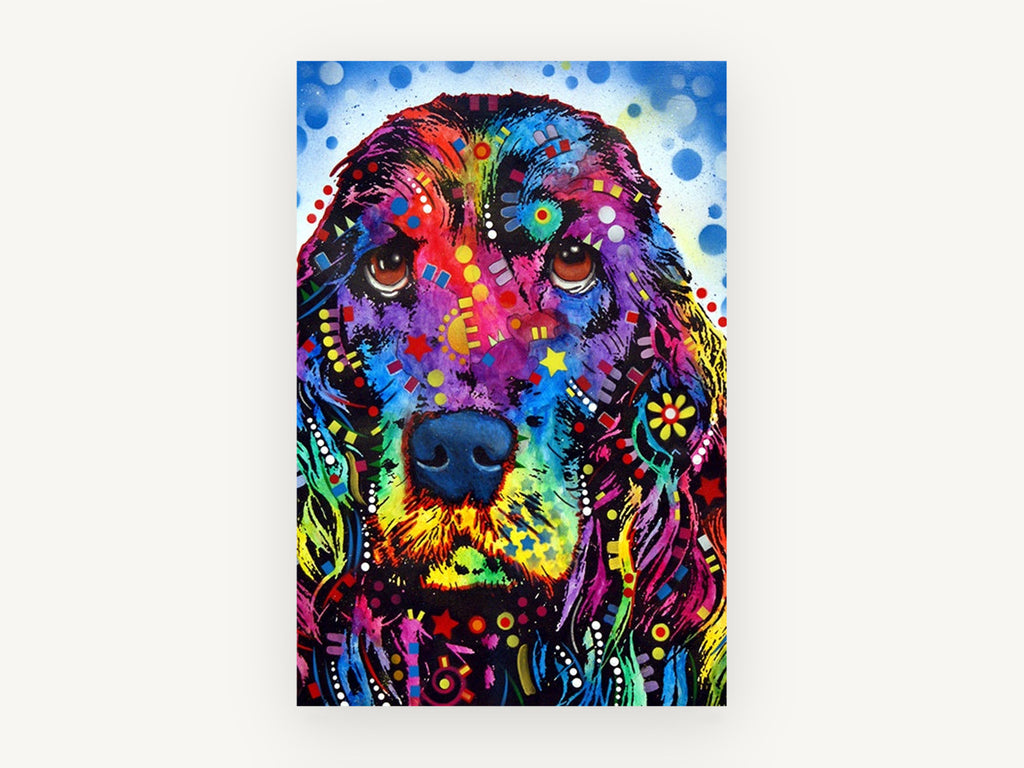 Rainbow Spaniel Portrait, colourful cocker spaniel pop art, animal canvas wall art print, front view