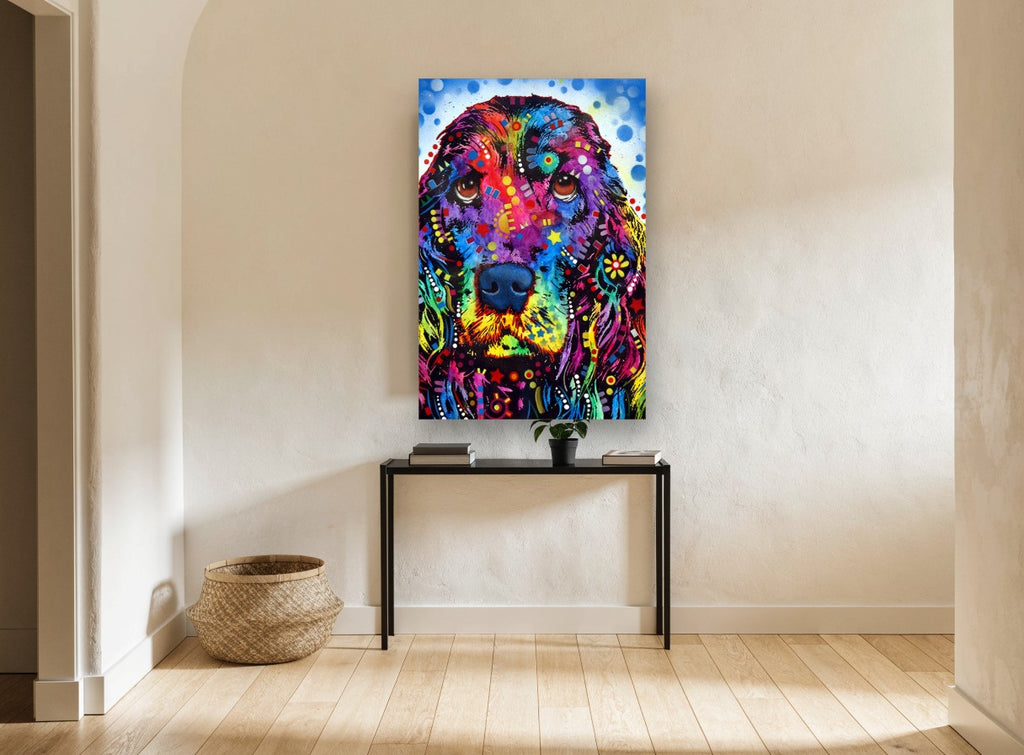 Rainbow Spaniel Portrait animal canvas print on the wall of a hallway