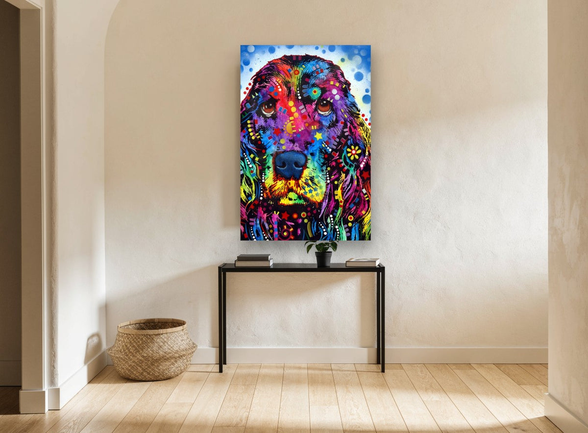 Rainbow Spaniel Portrait animal canvas print on the wall of a hallway