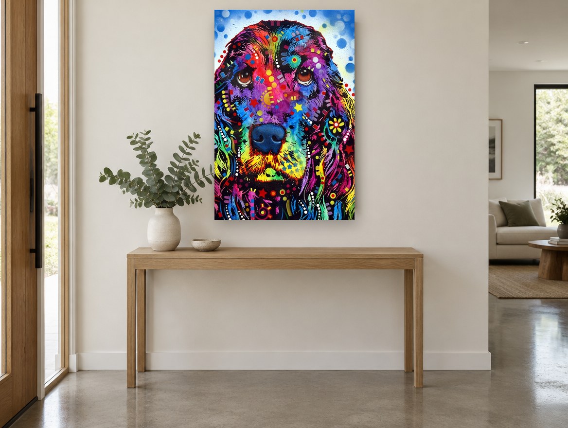 Rainbow Spaniel Portrait animal canvas print on the wall of a entry hall