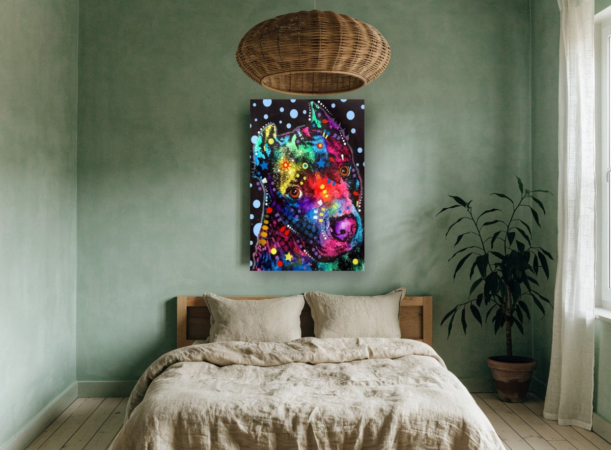 Starry Polka Pit Bull animal canvas print on the wall of a bedroom