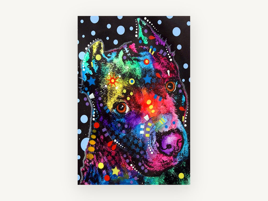 Starry Polka Pit Bull, colourful pop art pit bull portrait, animal canvas wall art print, front view
