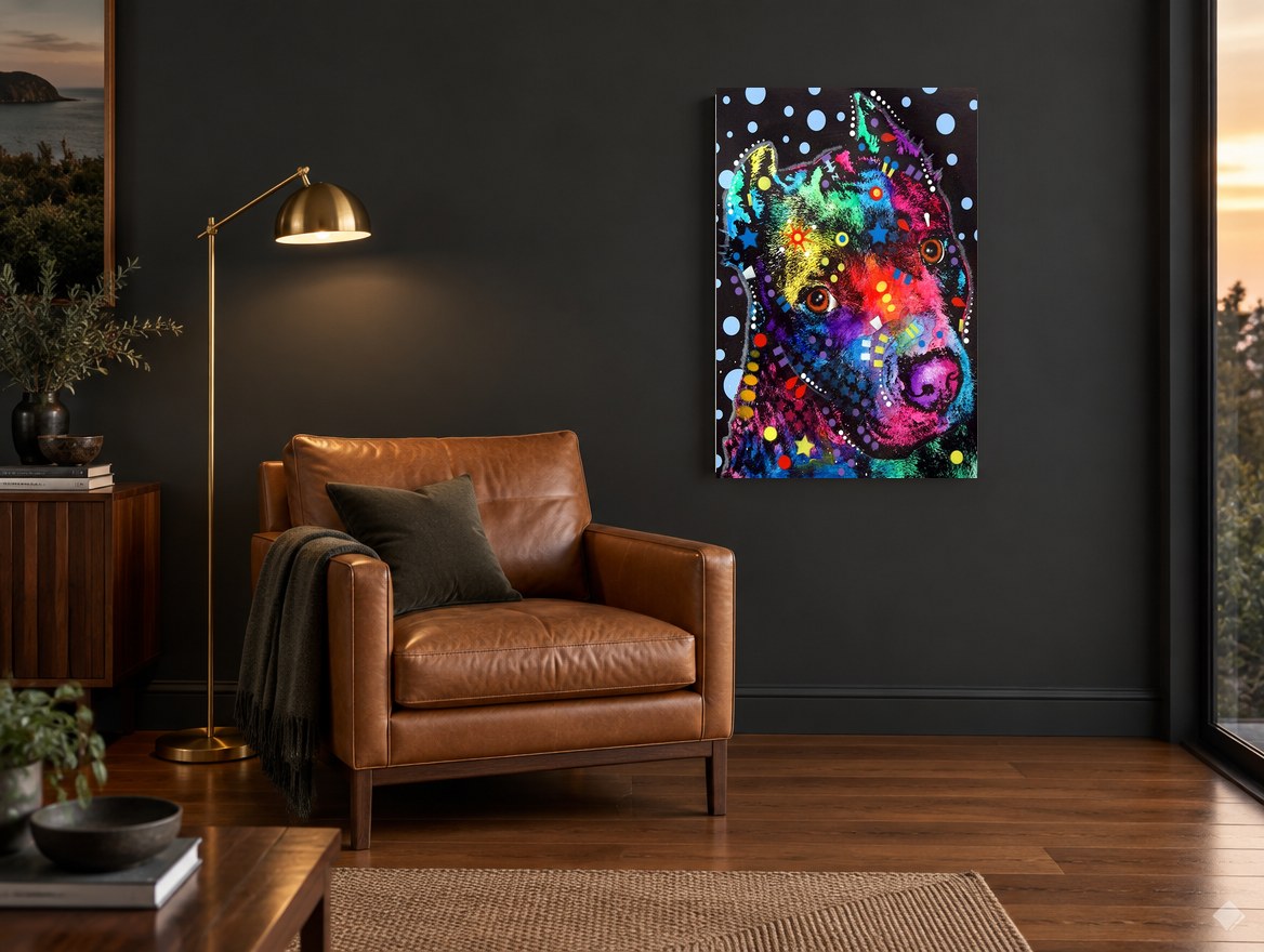 Starry Polka Pit Bull animal canvas print on the wall of a charcoal living room