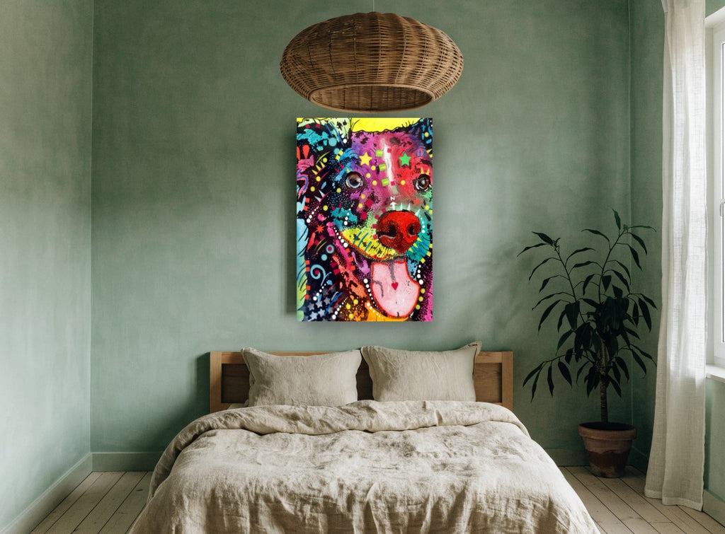 Grinning Pop Dog animal canvas print on the wall of a bedroom