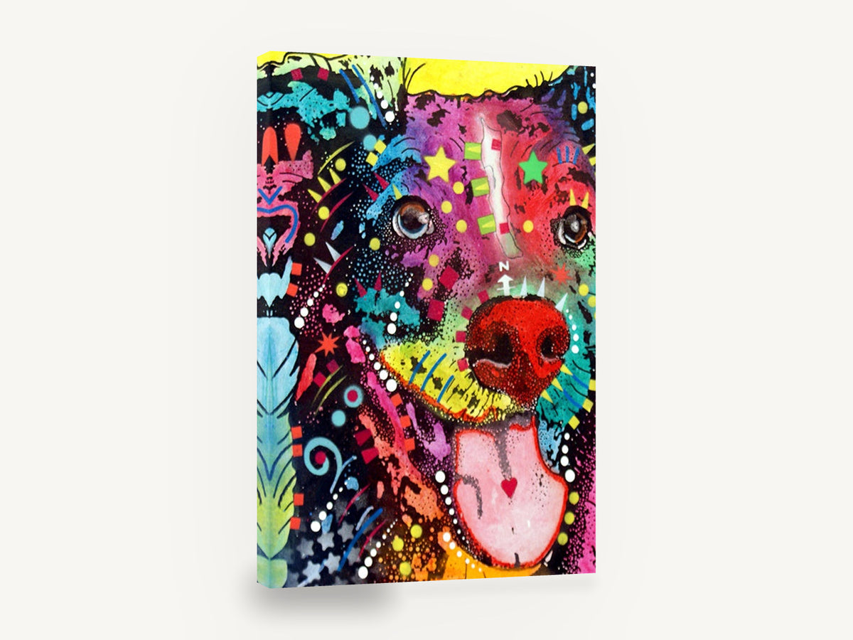 Grinning Pop Dog, colourful pop art dog portrait, animal canvas wall art print ready to hang