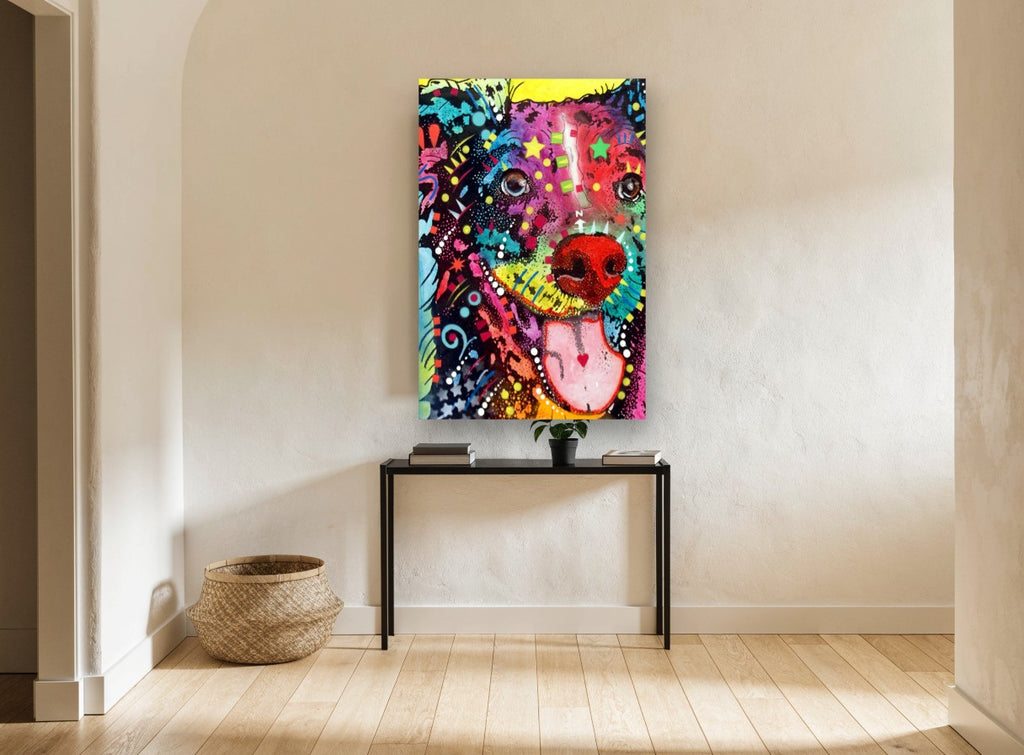 Grinning Pop Dog animal canvas print on the wall of a hallway