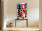 Grinning Pop Dog animal canvas print on the wall of a hallway
