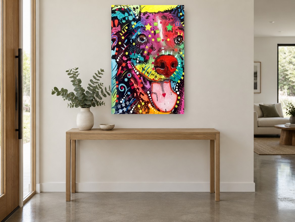 Grinning Pop Dog animal canvas print on the wall of a entry hall