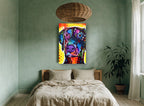 Neon Dobie Portrait animal canvas print on the wall of a bedroom