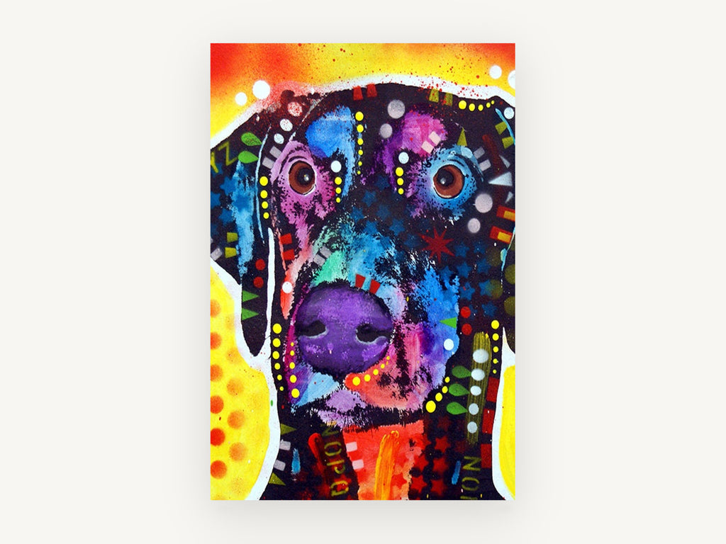 Neon Dobie Portrait, colourful pop art dog portrait, animal canvas wall art print, front view
