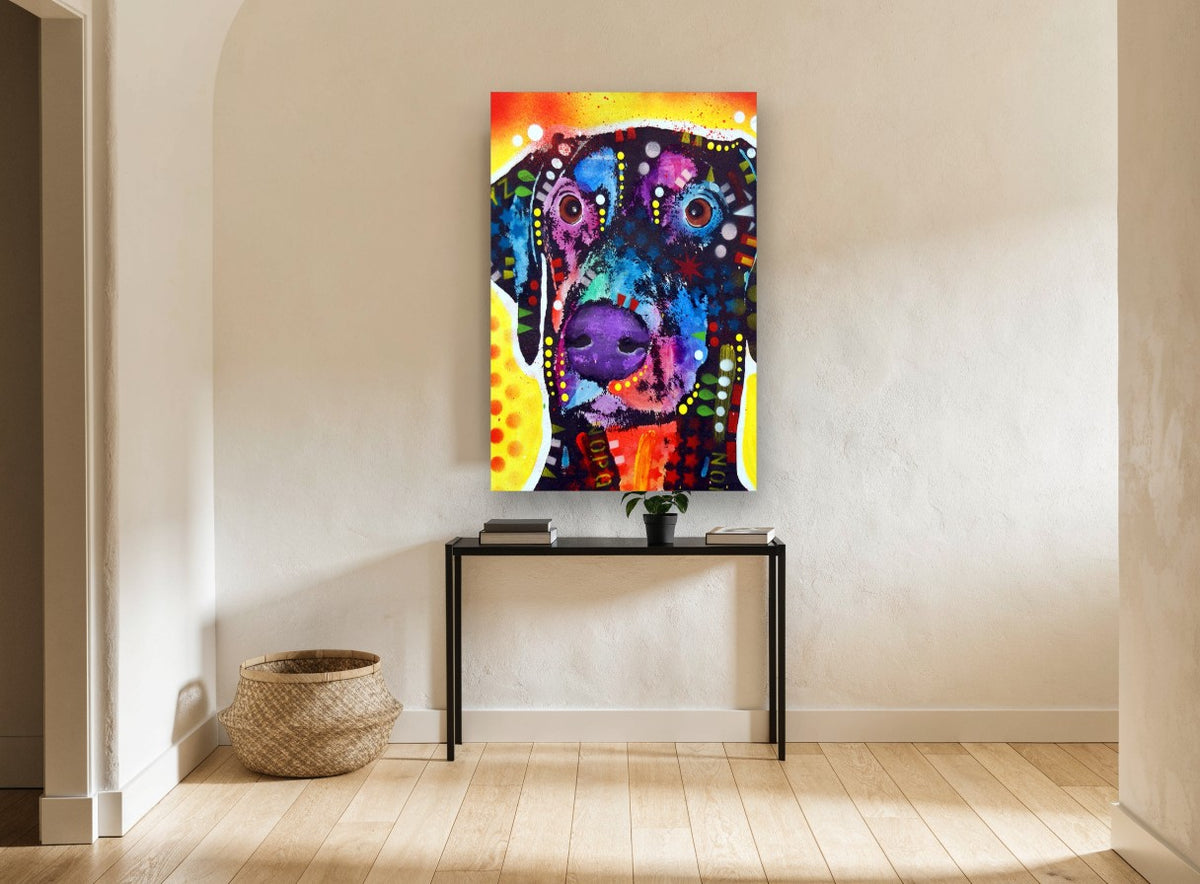 Neon Dobie Portrait animal canvas print on the wall of a hallway