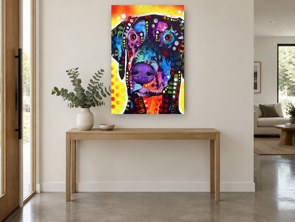 Neon Dobie Portrait animal canvas print on the wall of a entry hall