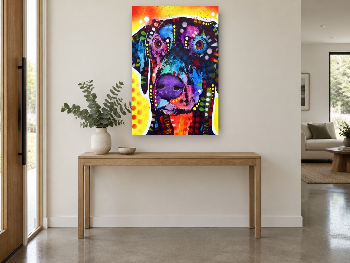 Neon Dobie Portrait animal canvas print on the wall of a entry hall
