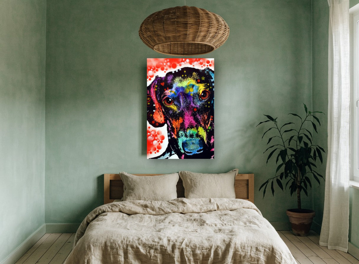 Neon Dachshund Portrait animal canvas print on the wall of a bedroom