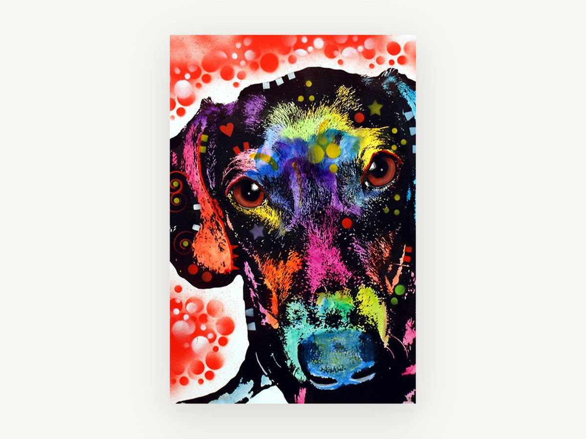 Neon Dachshund Portrait, colourful pop art dachshund portrait, animal canvas wall art print, front view