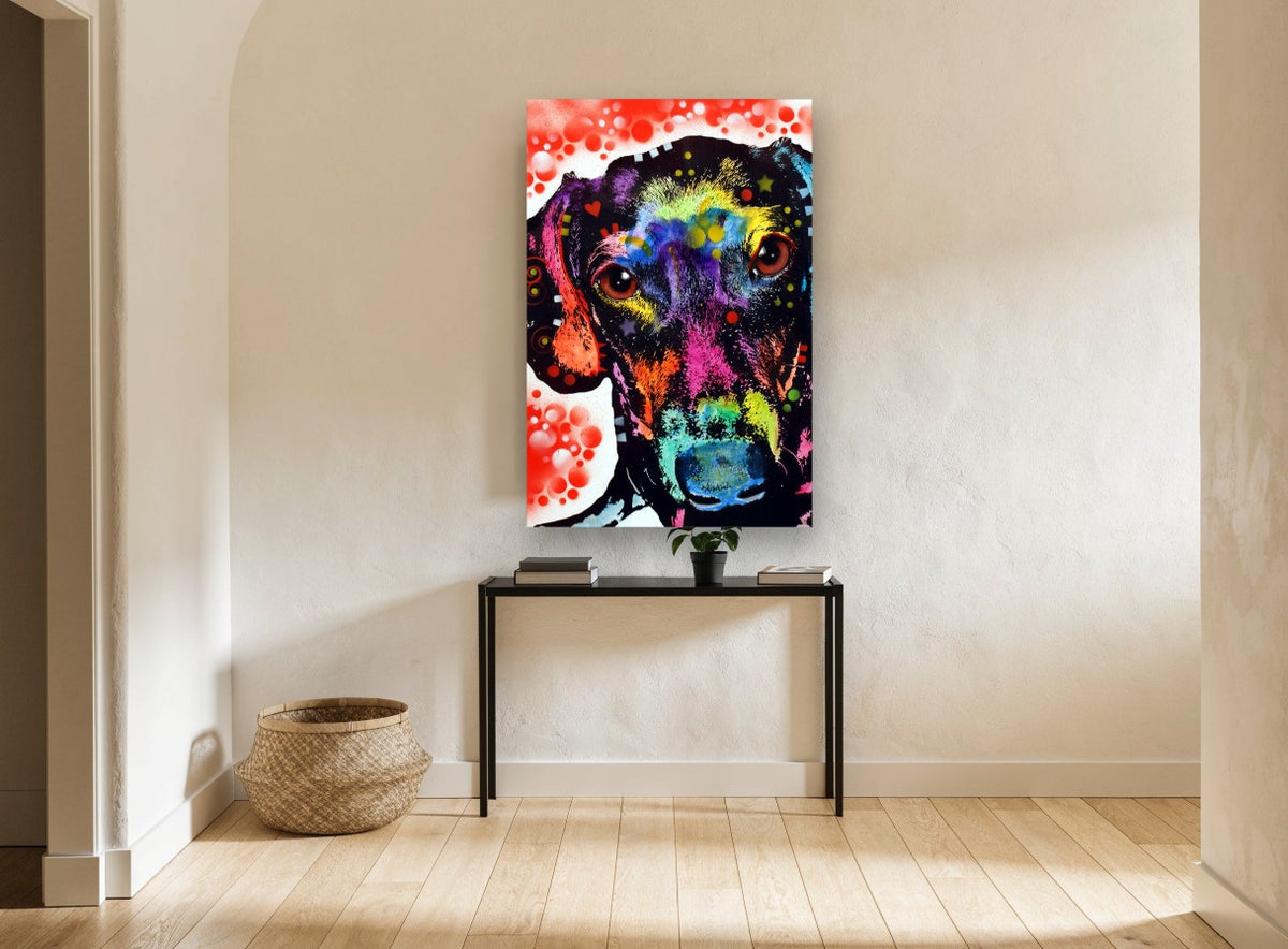 Neon Dachshund Portrait animal canvas print on the wall of a hallway