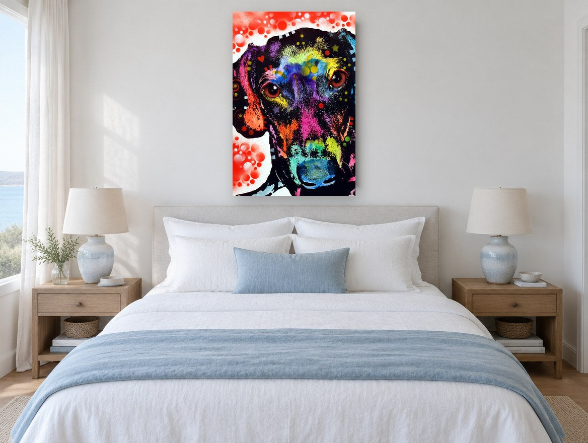 Neon Dachshund Portrait animal canvas print on the wall of a bedroom