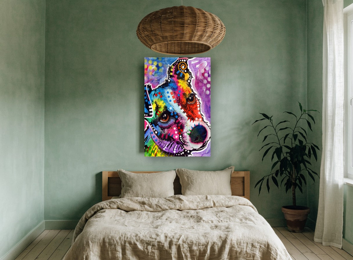 Rainbow Terrier Gaze animal canvas print on the wall of a bedroom