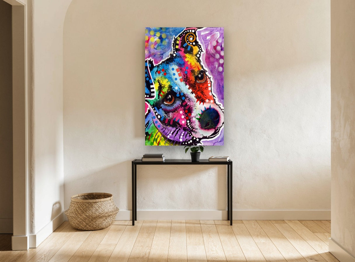 Rainbow Terrier Gaze animal canvas print on the wall of a hallway