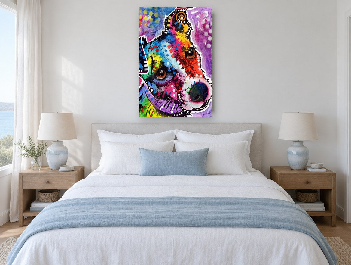 Rainbow Terrier Gaze animal canvas print on the wall of a bedroom