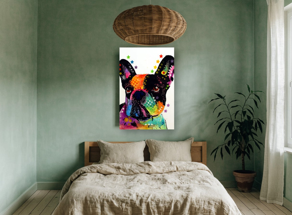 Starry Frenchie Pop animal canvas print on the wall of a bedroom