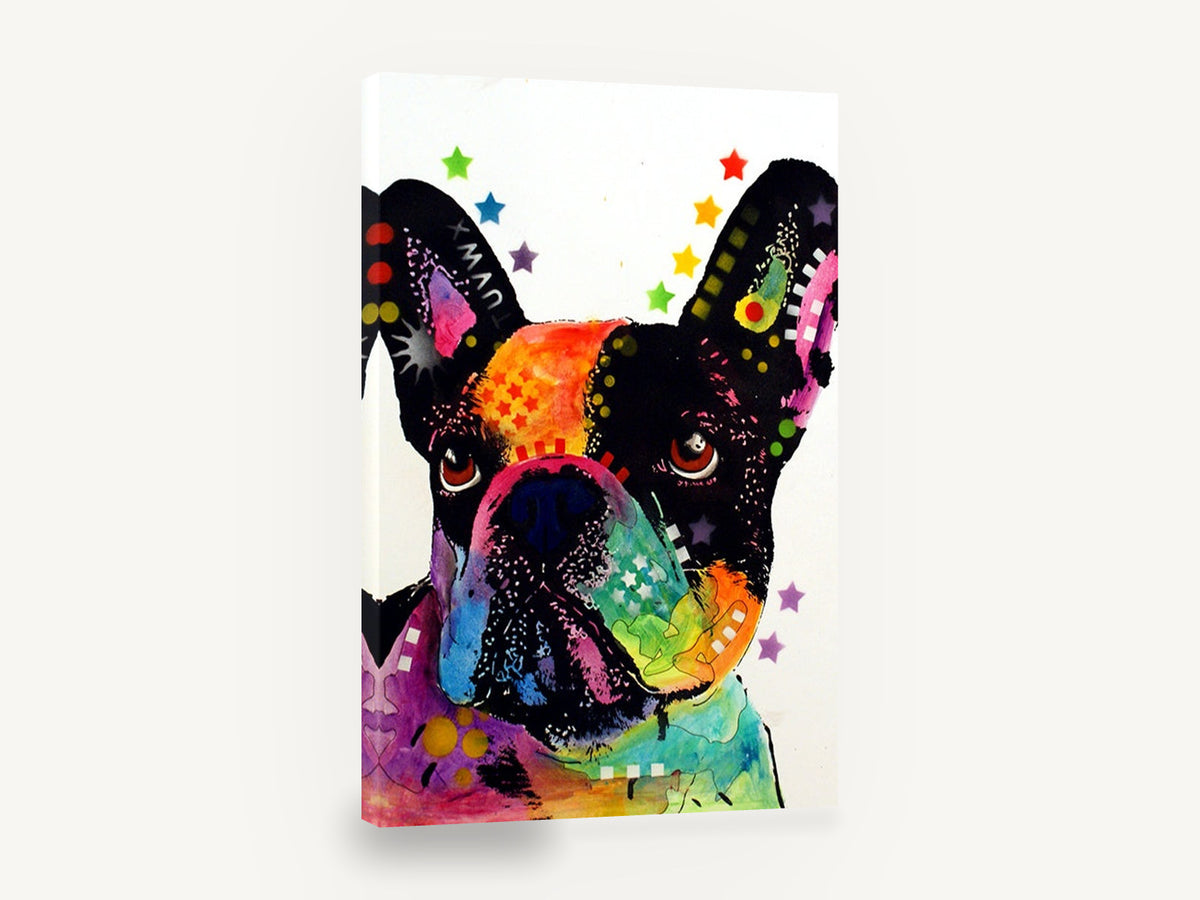 Starry Frenchie Pop, colourful french bulldog pop art, animal canvas wall art print ready to hang