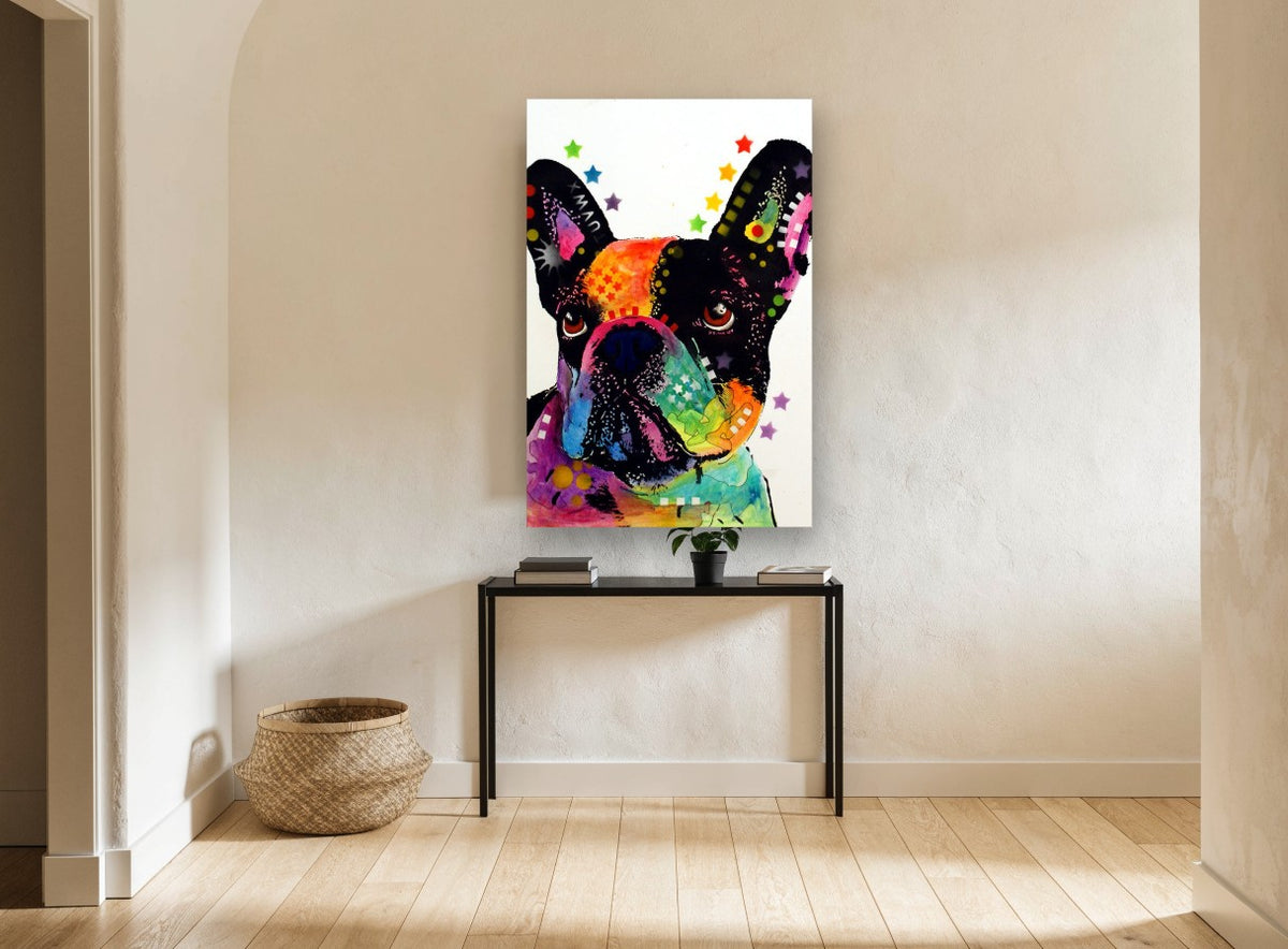 Starry Frenchie Pop animal canvas print on the wall of a hallway