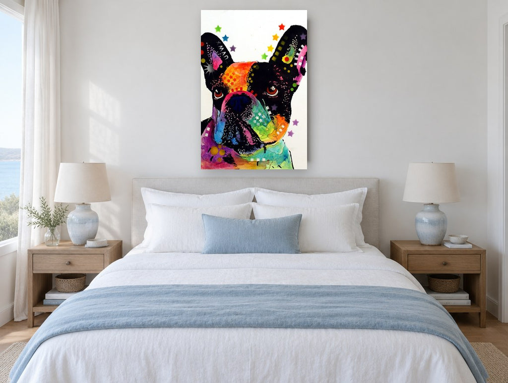 Starry Frenchie Pop animal canvas print on the wall of a bedroom