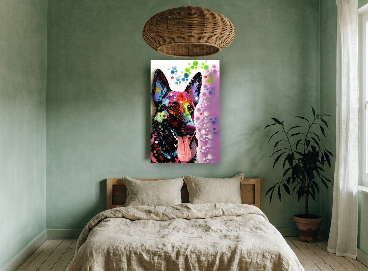 Neon Shepherd Pop animal canvas print on the wall of a bedroom