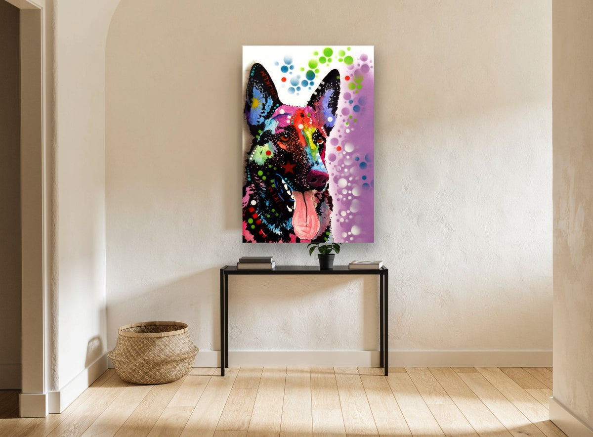 Neon Shepherd Pop animal canvas print on the wall of a hallway