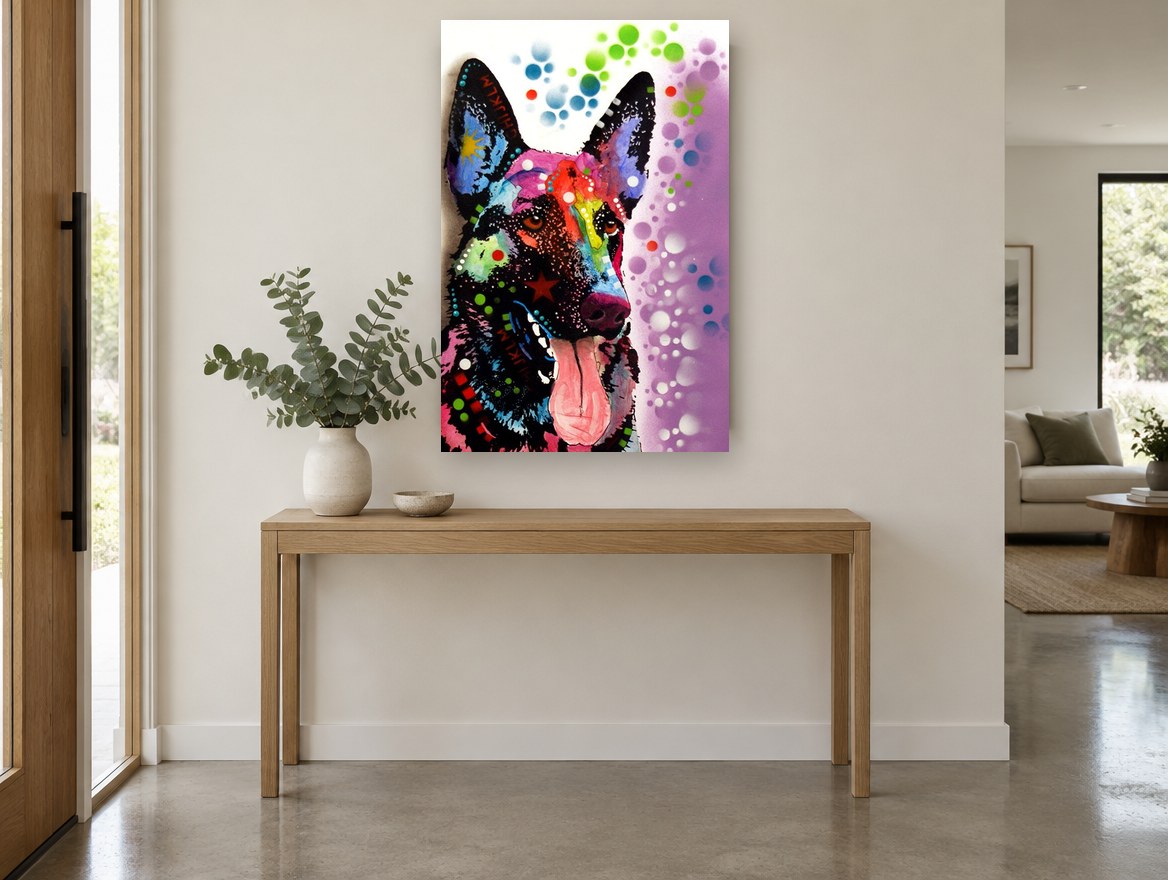 Neon Shepherd Pop animal canvas print on the wall of a entry hall