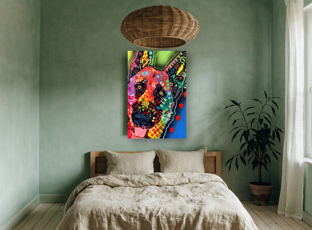 Technicolour Shepherd animal canvas print on the wall of a bedroom
