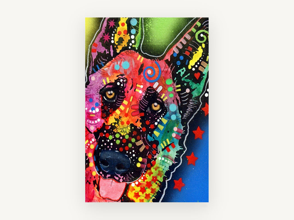 Technicolour Shepherd, colourful pop art german shepherd, animal canvas wall art print, front view