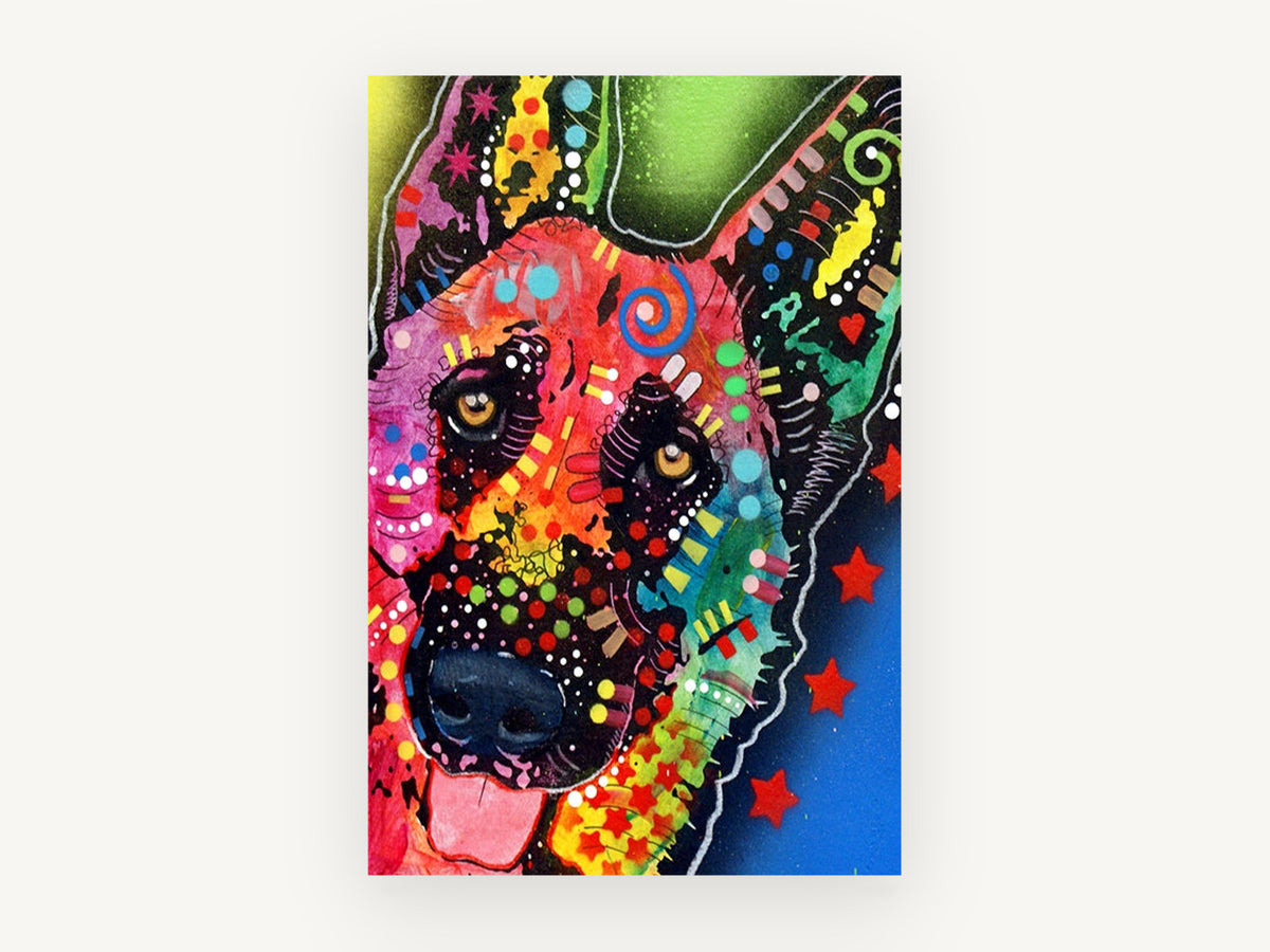 Technicolour Shepherd, colourful pop art german shepherd, animal canvas wall art print, front view